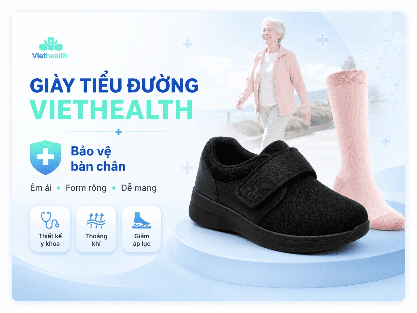 Giày tiểu đường Viethealth thiết kế y khoa màu đen và vớ tiểu đường